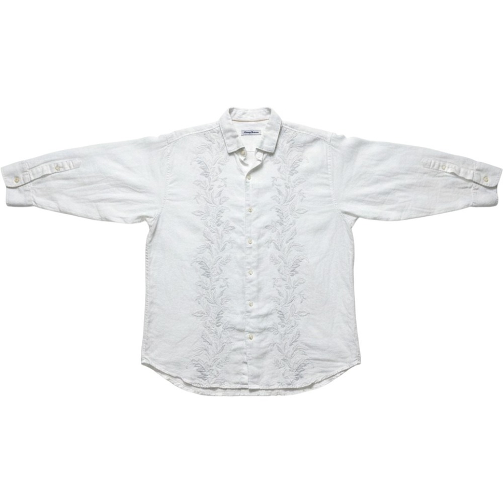 Tommy Bahama 100% Linen Shirt Women Large White Embroidered Floral Design Beach